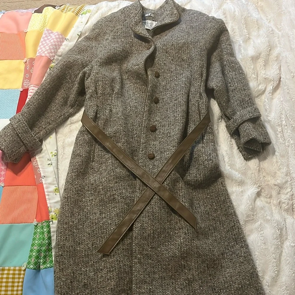 Vintage 50s Belted Tweed Swing Jacket Wool Pea Coat Rare Antique Lou Fritzel - Picture 2 of 15